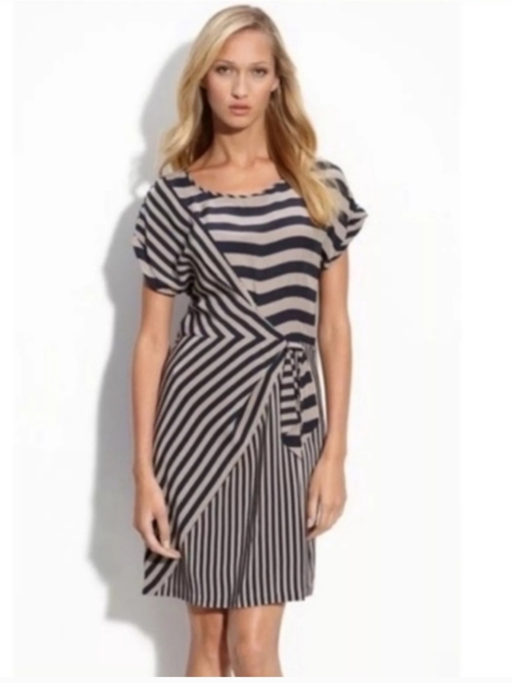 BCBG Giovanna Tan And Navy Stripped Silk Dress